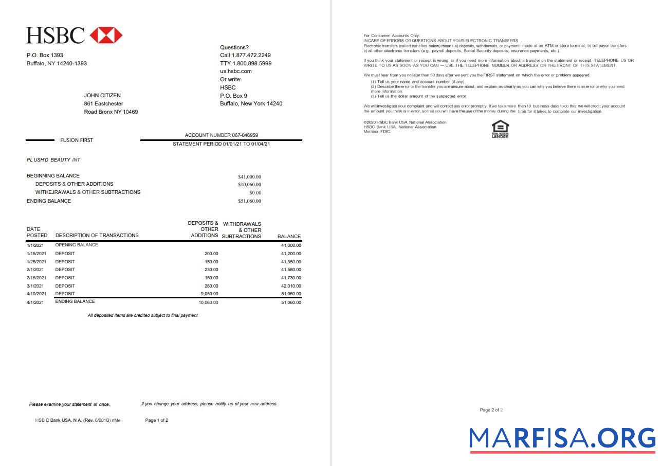Realistic USA HSBC bank statement 2 pages version 2 excel template